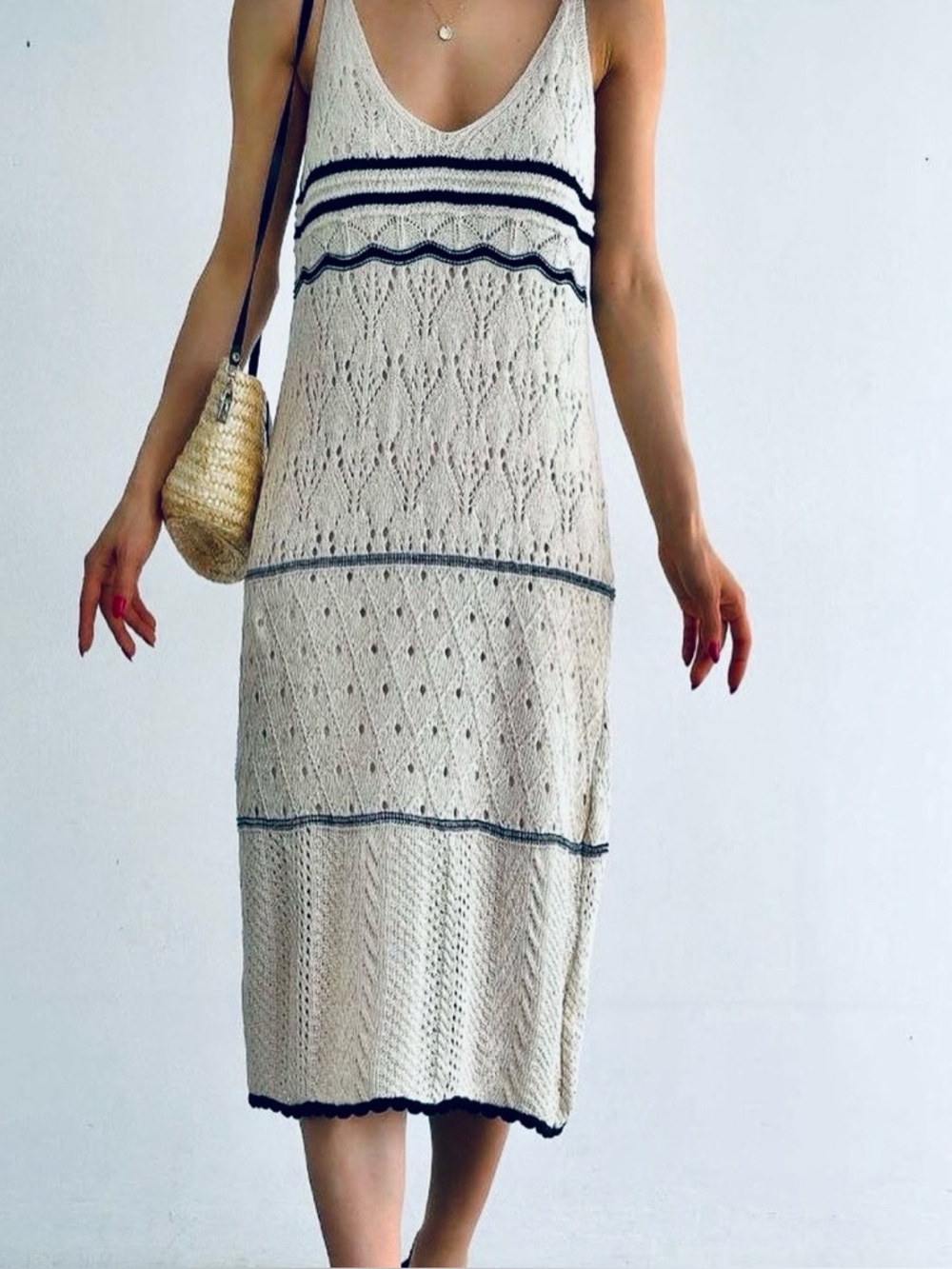 Cupshe Crochet V-Neck Swim Coverup Maxi Dress with Navy Trim M / L